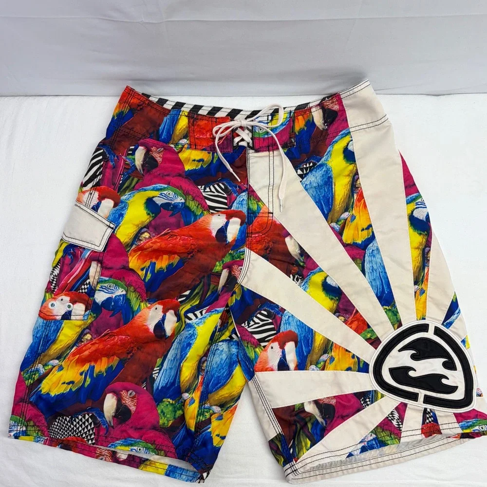 Vintage Billabong Andy Irons Board Shorts Rising Sun Mens 33 AOP Parrot RARE